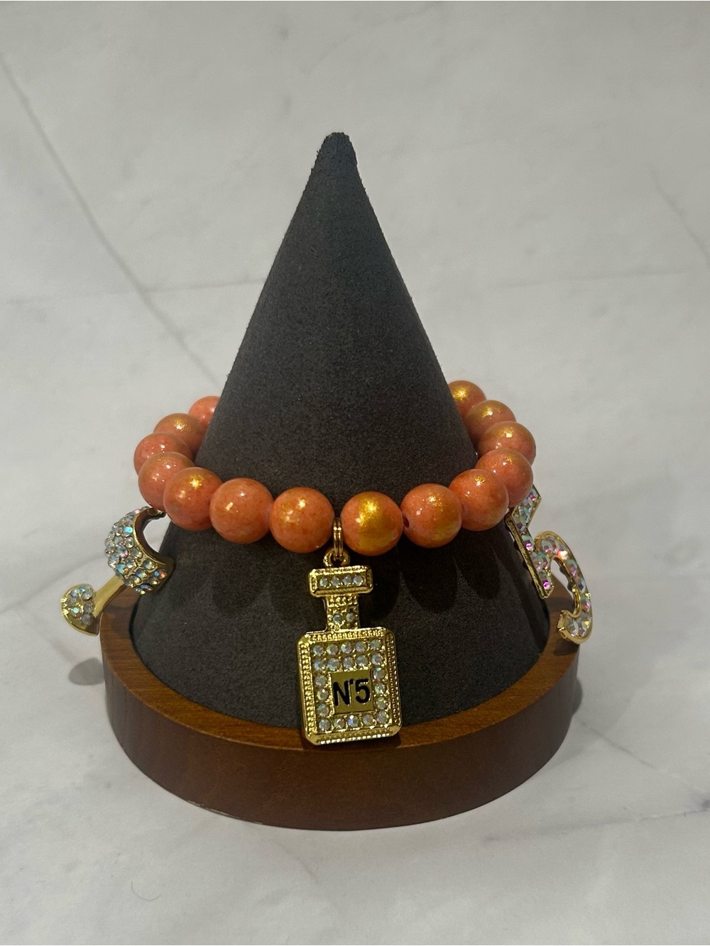 14K Gold plated Orange Jade Beaded Bracelet with gold crystal charms